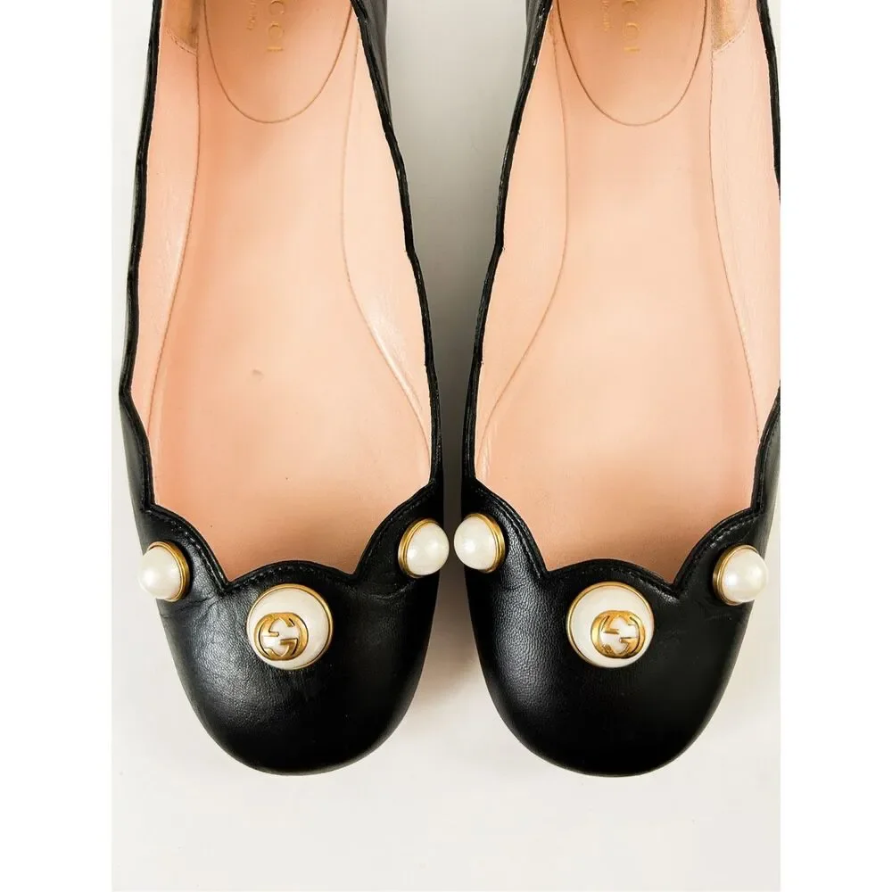 Gucci Black Scalloped Pearl-Embellished Leather Flats